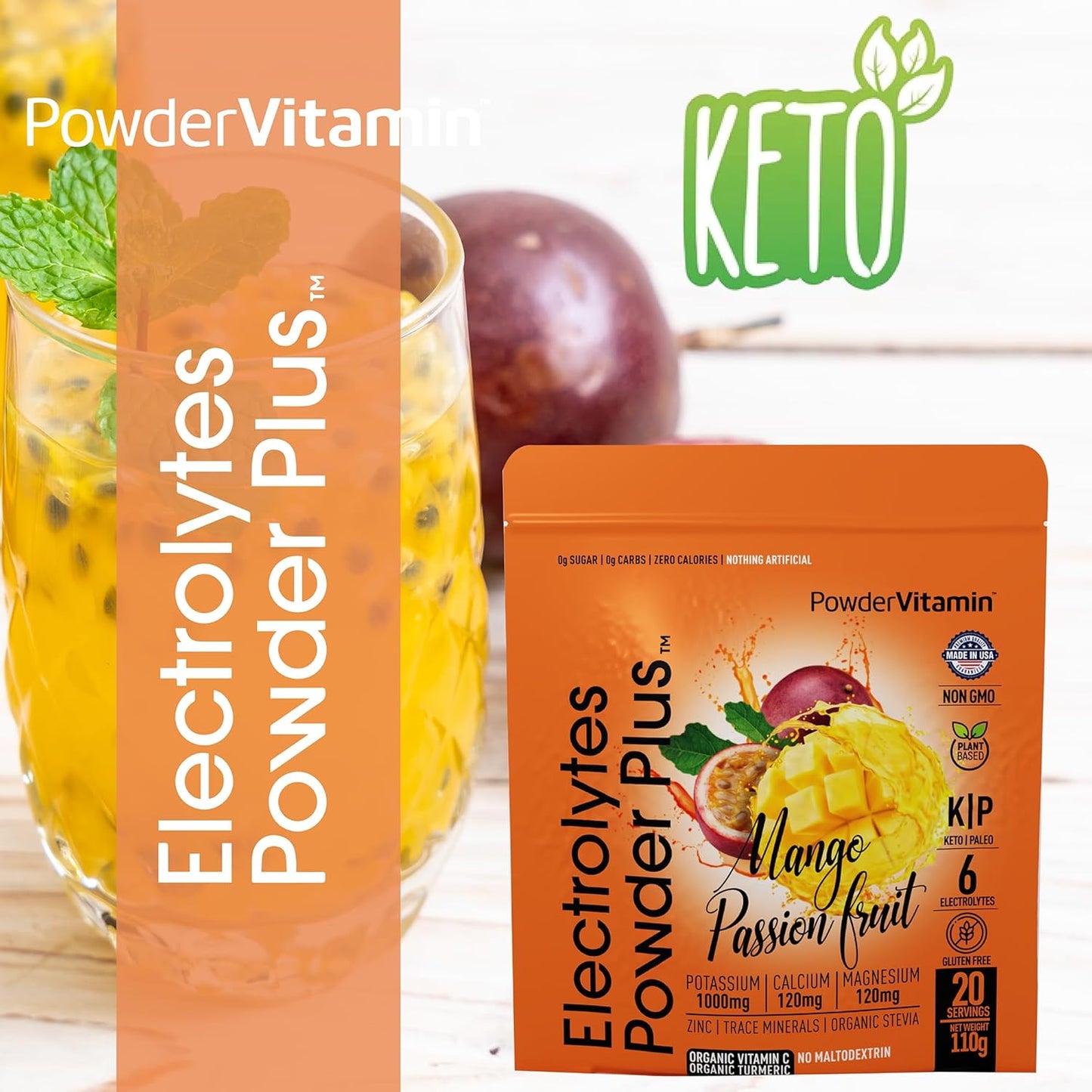 Mango Passionfruit Electrolyte Powder with 1000mg Potassium, Zero Calorie Keto-Friendly Formula