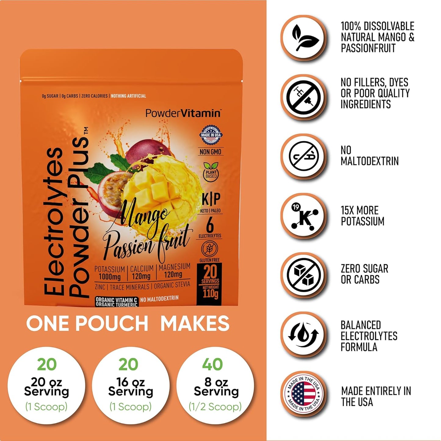 Mango Passionfruit Electrolyte Powder with 1000mg Potassium, Zero Calorie Keto-Friendly Formula