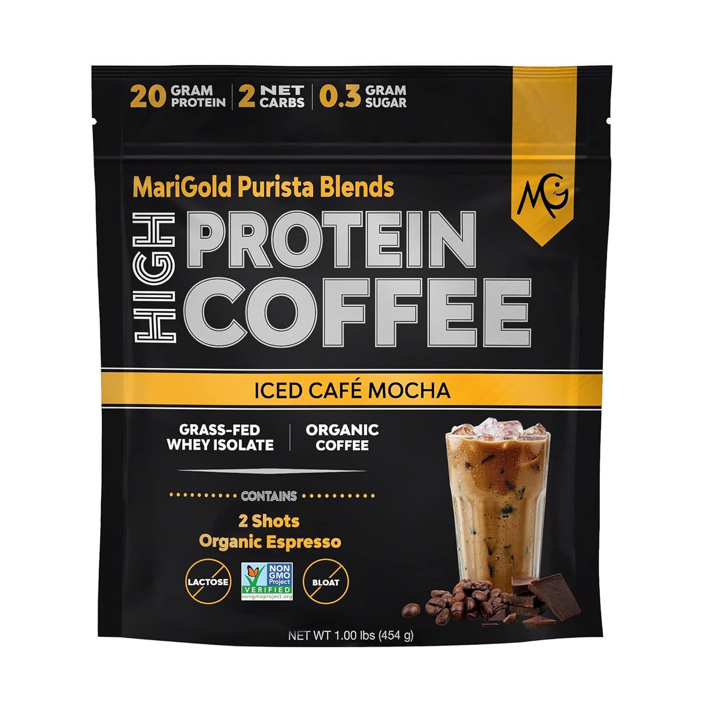 MariGold Iced Café Mocha High Protein Coffee: 20g Grass Fed Whey Protein Isolate, Energy Boost, 2 Shots Organic Espresso, Non-GMO, 2 Net Carb, 1 Lb Bag, 15 Servings
