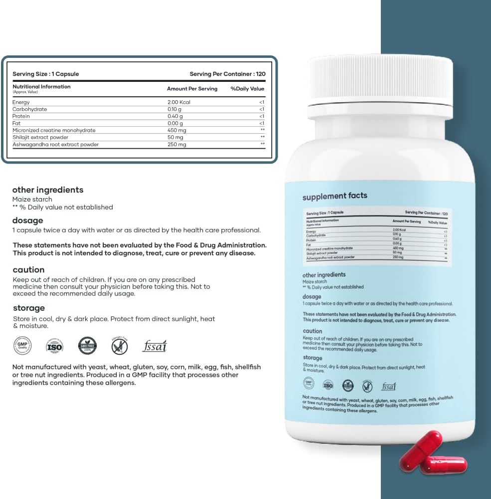 Mars Micronized Creatine Monohydrate Caps with Shilajit: Natural Well Being Supplement Pack of 1