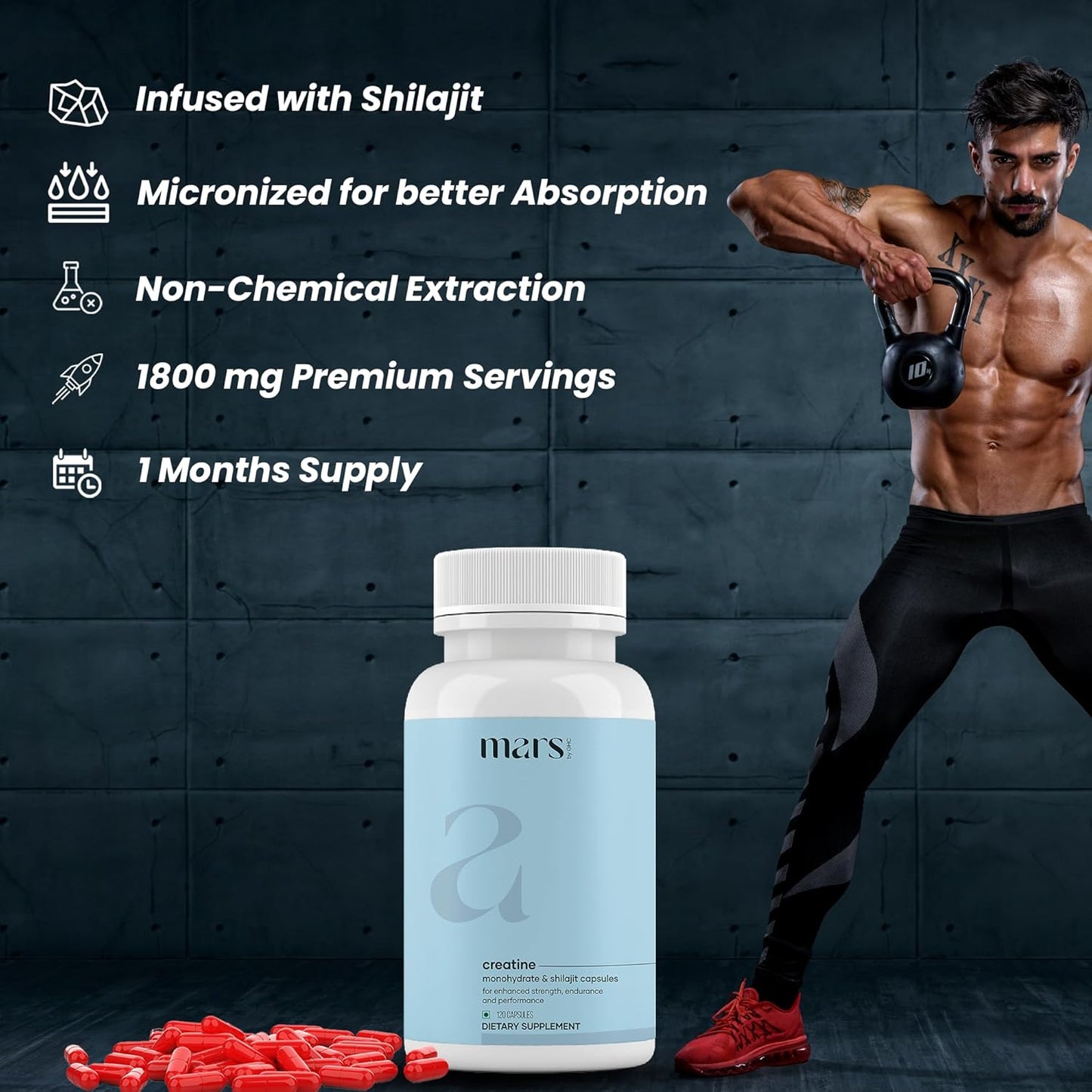 Mars Micronized Creatine Monohydrate Capsules with Shilajit - 100% Pure and Natural - Pack of 2