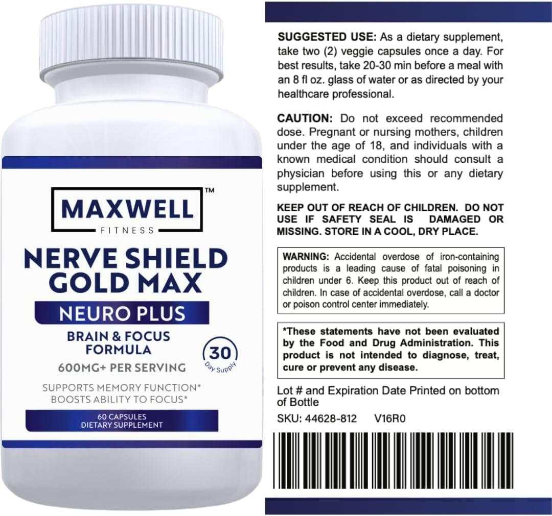 MAXWELL FITNESS Nerve Shield Gold Pro Max, Brain Focus Formula, 600mg+, 60 Capsules, Memory Support