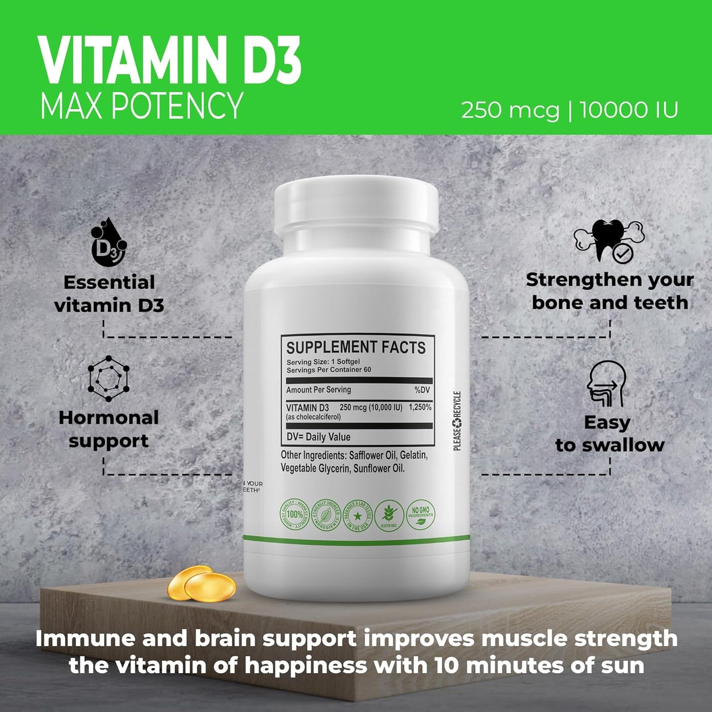 MB One Pharma Vitamin D3 10000 IU Softgels - 60 Day Supply for Bone, Teeth, Muscle, and Immune Health Support