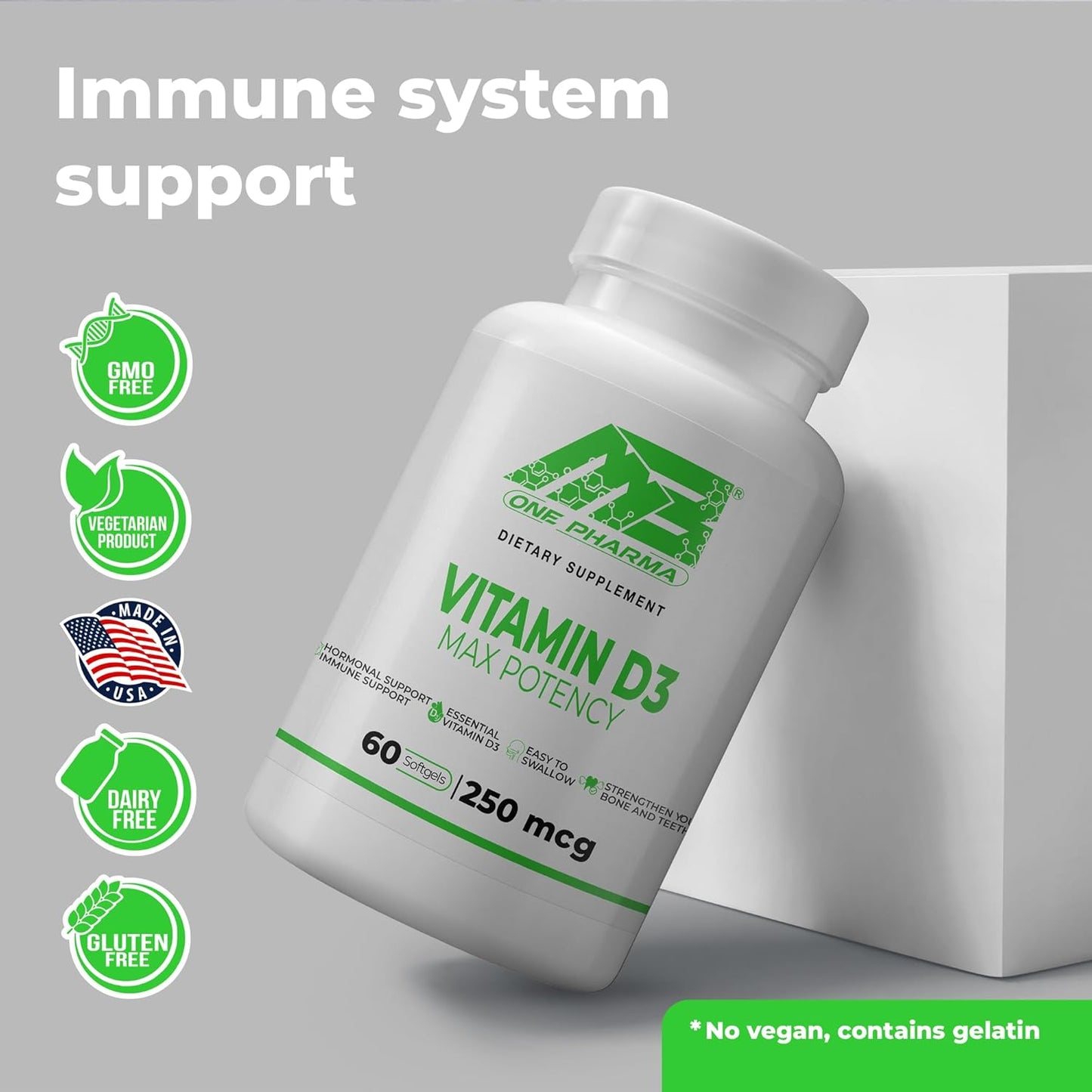 MB One Pharma Vitamin D3 10000 IU Softgels - 60 Day Supply for Bone, Teeth, Muscle, and Immune Health Support