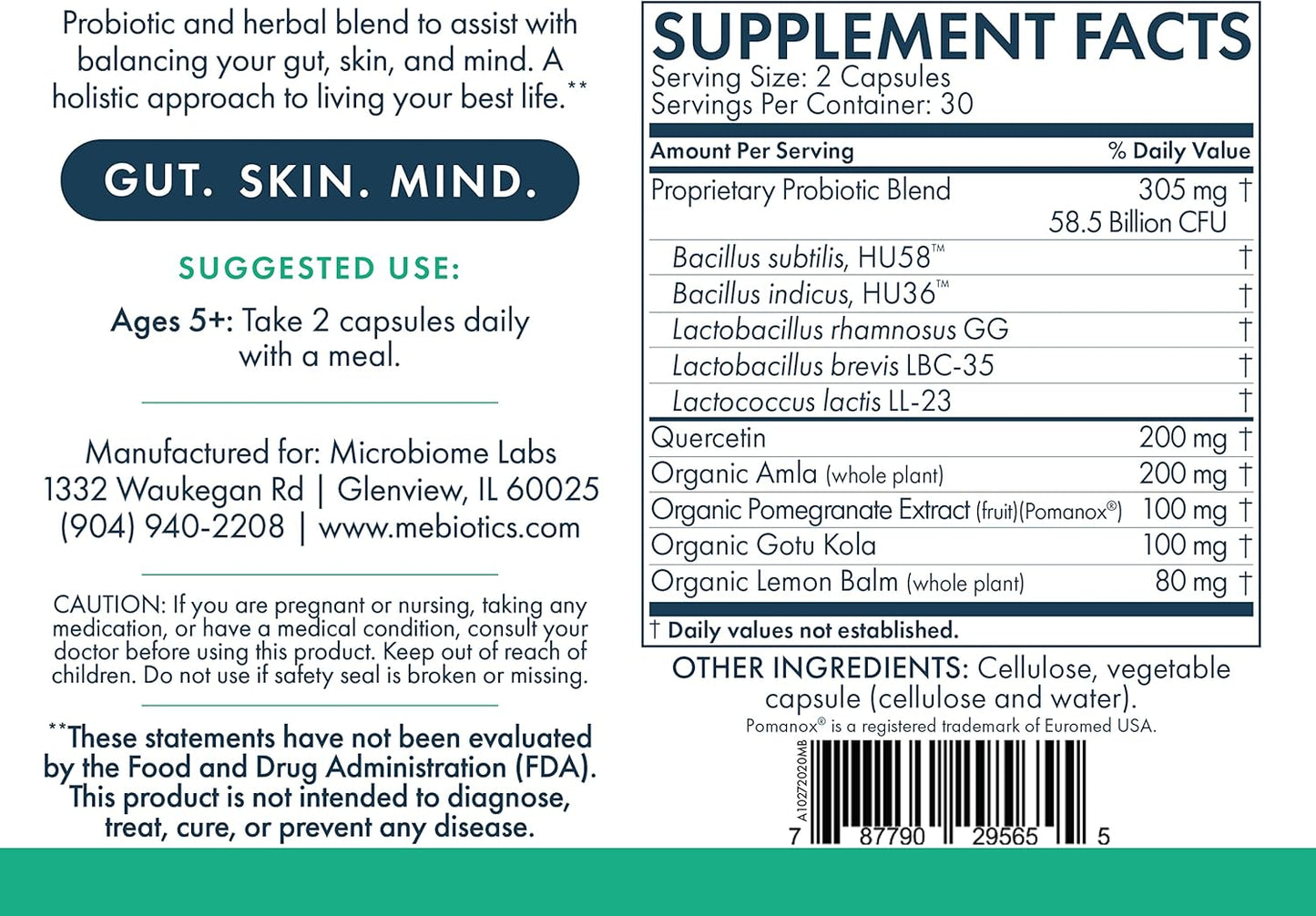 Mebiotics Probiotic & Herbal Supplement Dry 1 - Lactobacillus Rhamnosus + Lemon Balm for Skin & Gut - Oral Probiotics (60 Capsules)