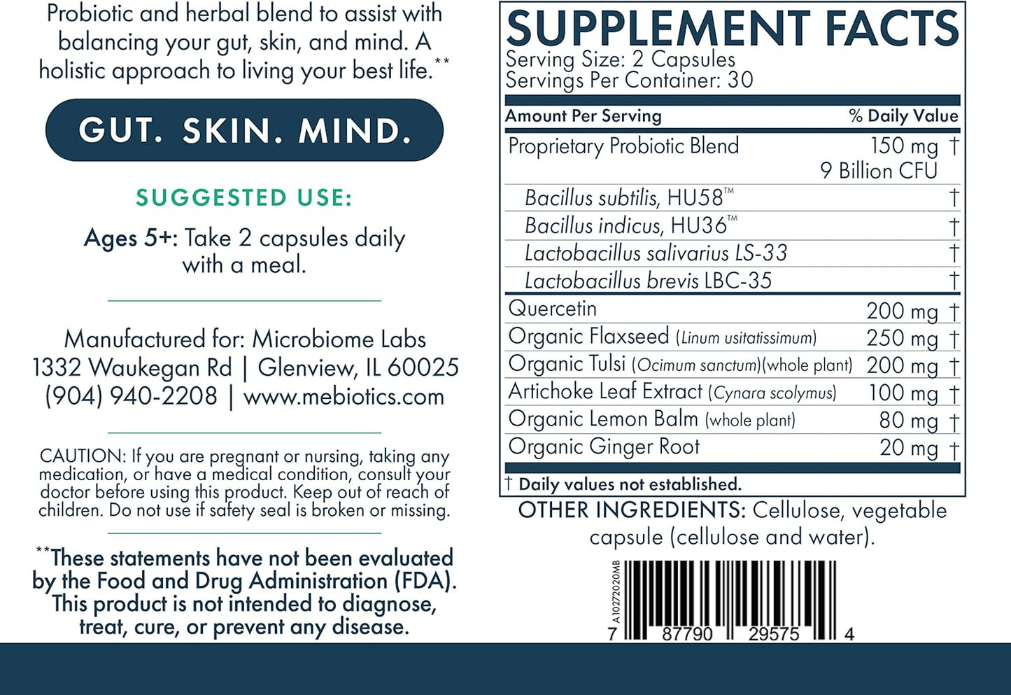 Mebiotics Probiotic & Herbal Supplement Dry 2 - Bacillus Subtilis + Lemon Balm for Skin + Gut Health - Oral Probiotics for Dry Skin - 60 Capsules