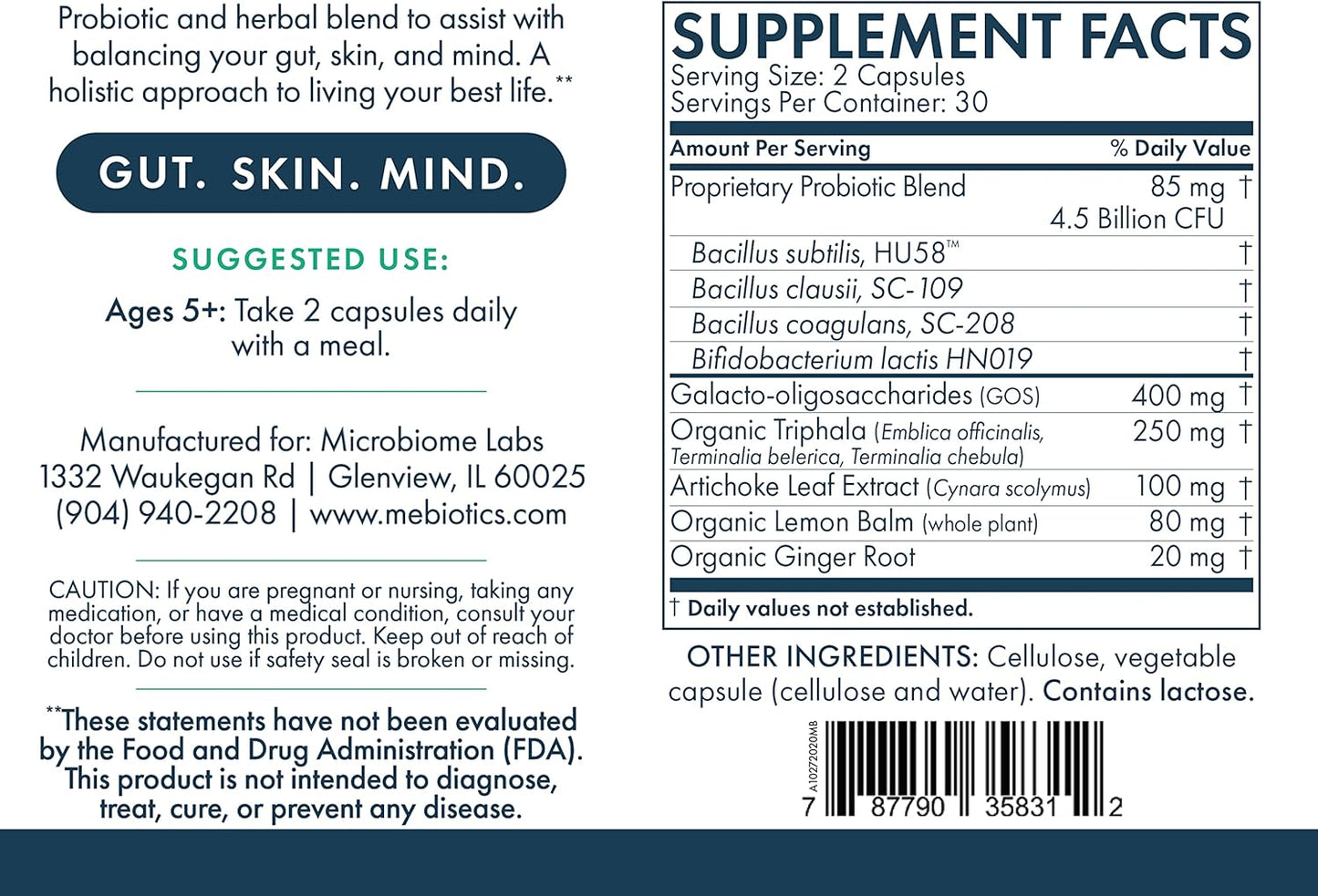 Mebiotics Probiotic & Herbal Supplement with Bacillus Subtilis & Lemon Balm for Gut, Mind & Skin Health - 60 Count