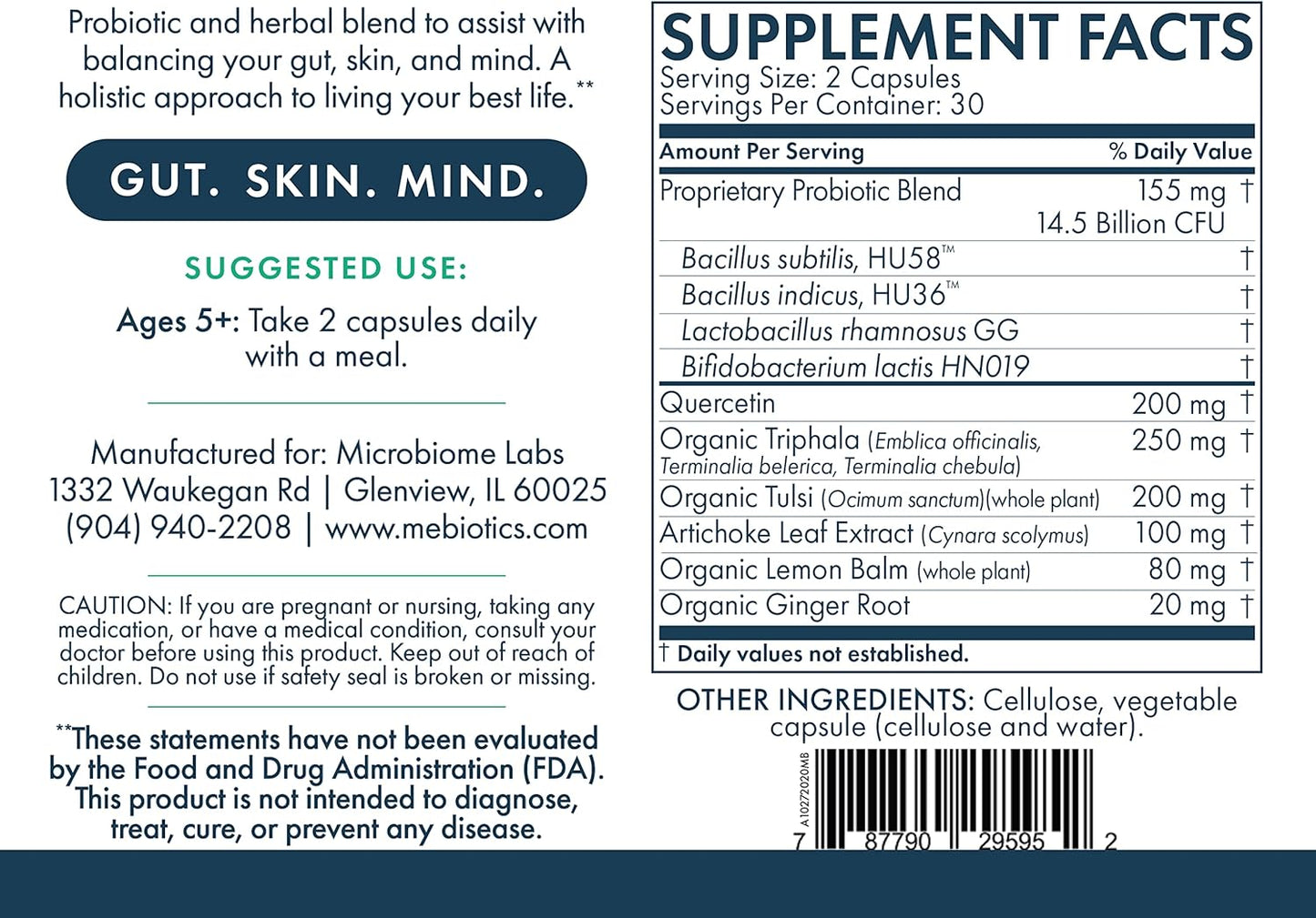 Mebiotics Probiotic & Herbal Supplement with Bacillus Subtilis & Lemon Balm - Supports Gut, Mind, Skin - 60 Capsules