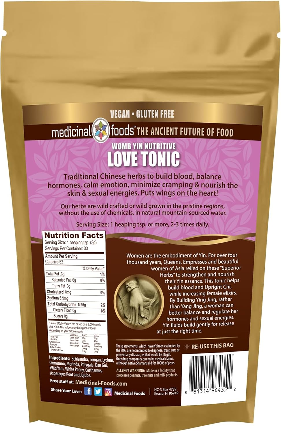 Medicinal Foods Love Tonic: Hormonal Balance for Women with 12 Powerful Chinese Herbs | Yin Energy Booster | All-Natural, Vegan & Gluten-Free | 100g