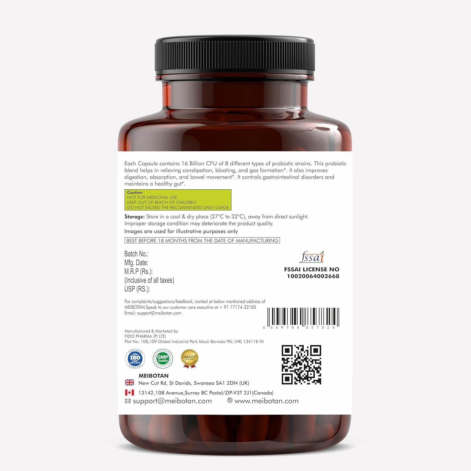 MEIBOTAN Serentrails Probiotic Blend for Gut Health - 16 Billion CFU, 8 Strains