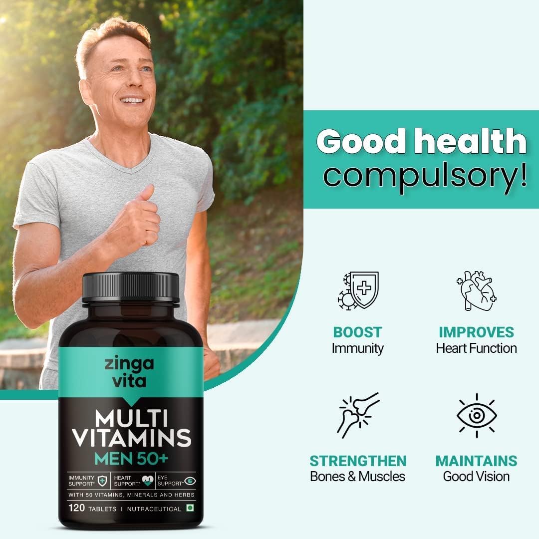Men's 50+ Multivitamin with Herbal Extracts & Antioxidants - 120 Tablets for Energy, Heart, Immunity, Joints & Eyes - 1 Daily Veg Tablet