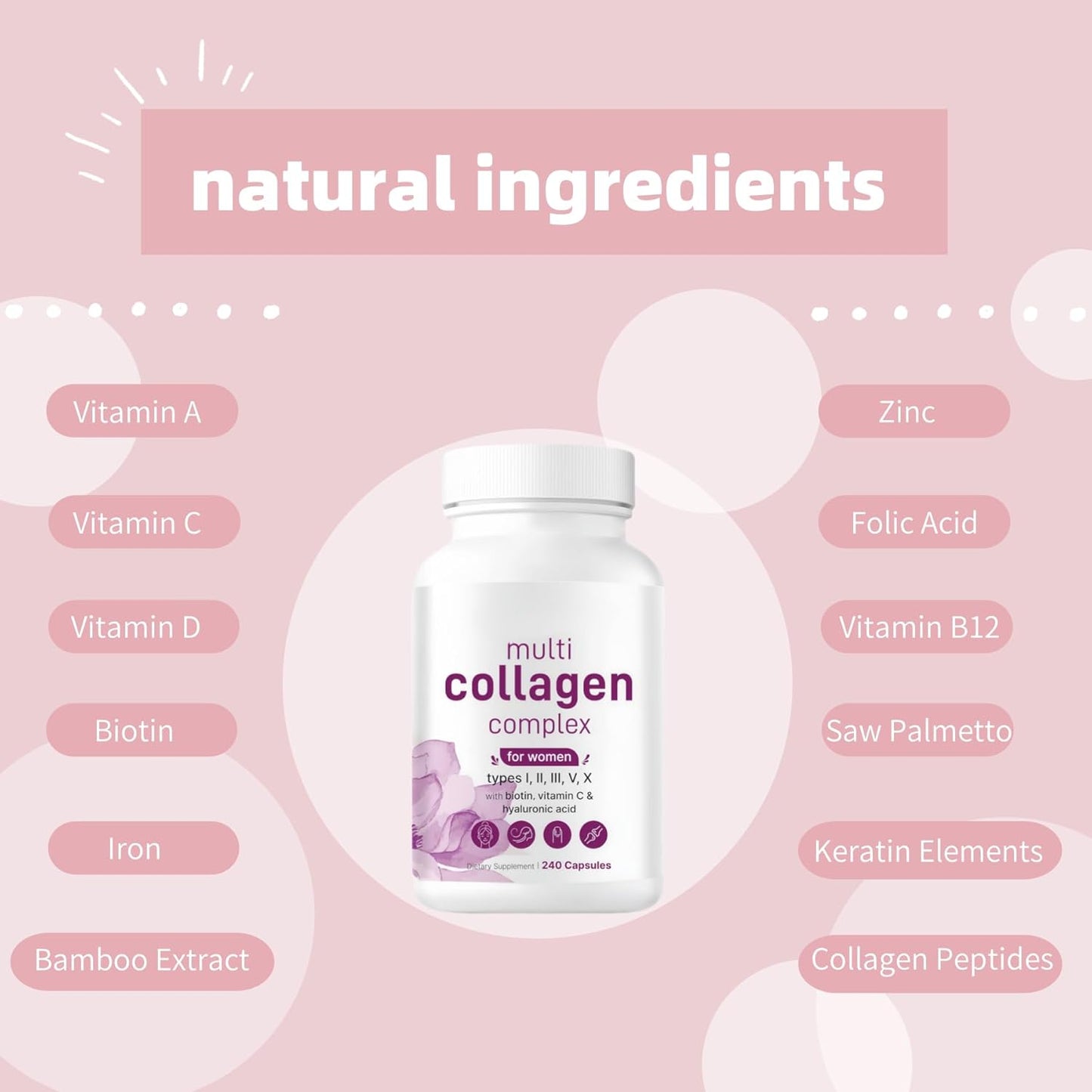 Men's and Women's Vitamin-Rich Collagen Pills with Super Collagen Peptides - Supports Skin and Intestinal Health - 240 Pills, Non-Pigmented