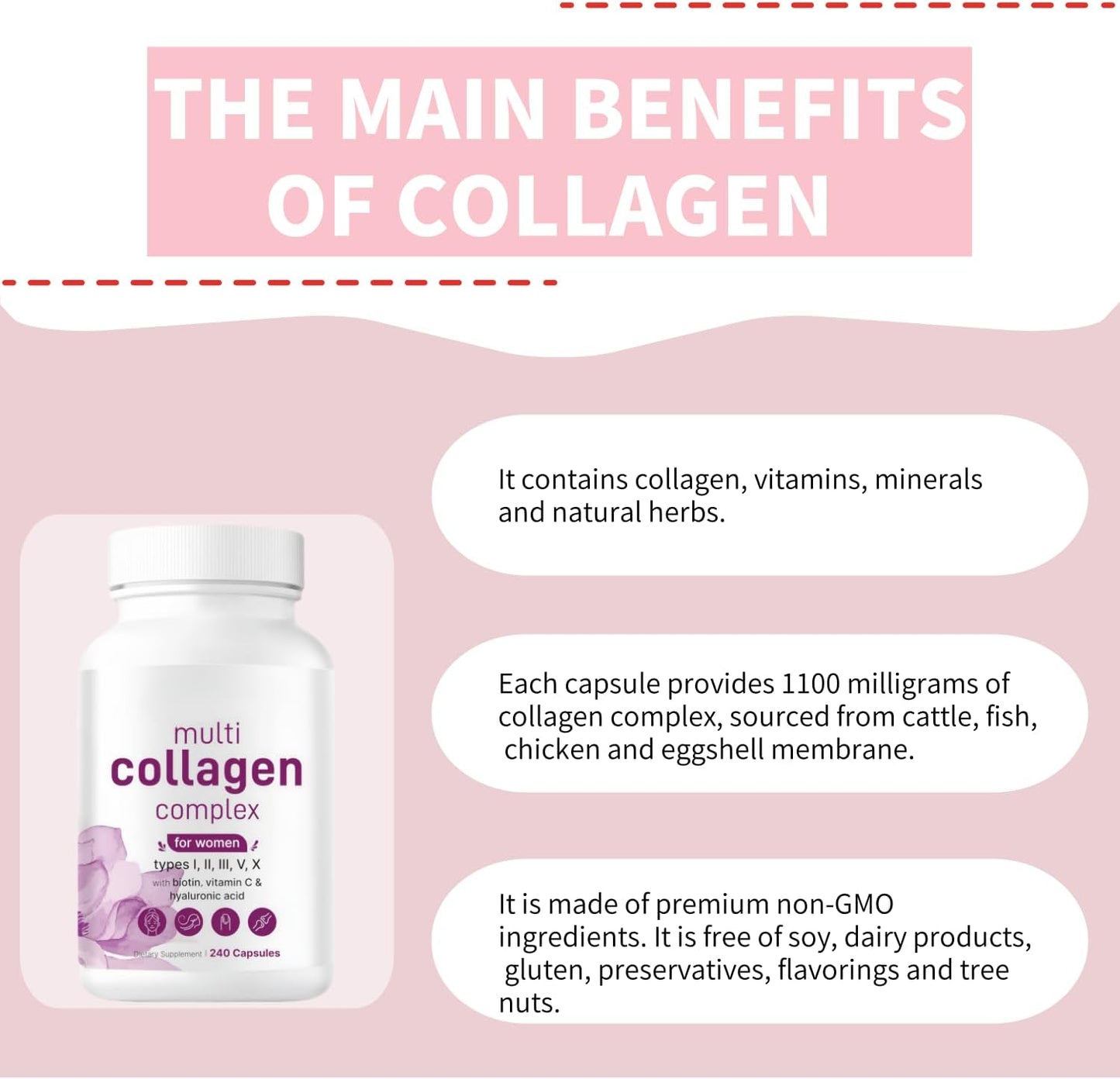 Men's and Women's Vitamin-Rich Collagen Pills with Super Collagen Peptides - Supports Skin and Intestinal Health - 240 Pills, Non-Pigmented