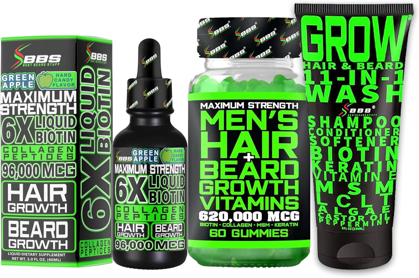 Men's Beard Growth Kit with Biotin Shampoo, Growth Vitamins, and Liquid Collagen Peptides - Promotes Hair Growth