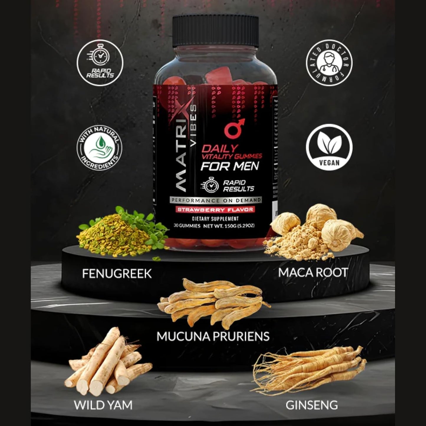 Men's Holistic Well-Being Support Gummies - Adaptogen-Enriched Strawberry Flavor - 30-Day Supply