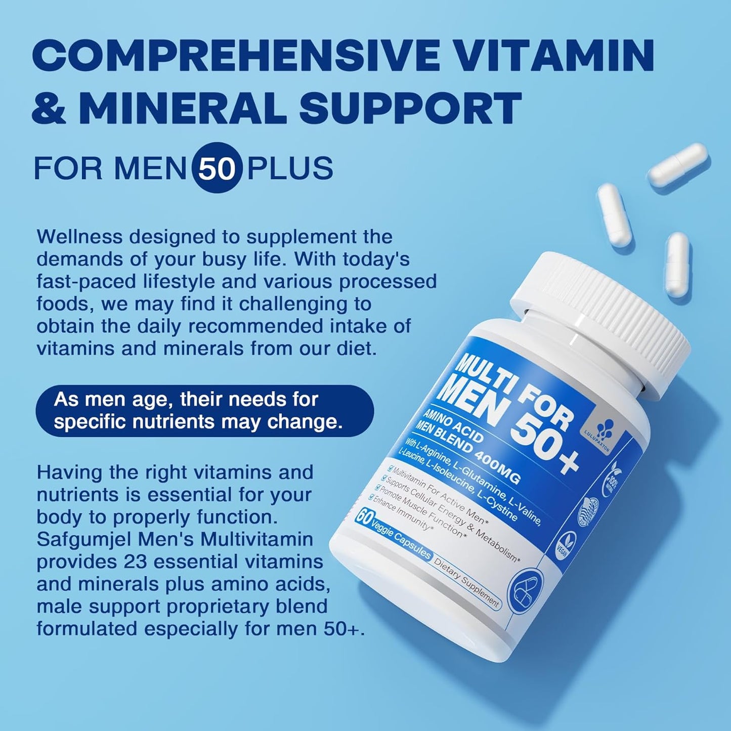Men's Multivitamin 50 Plus with 23 Essential Vitamins & Minerals, Aminos Blend for Energy, Prostate, Bone & Muscle Strength, Immune Support - 60 Count
