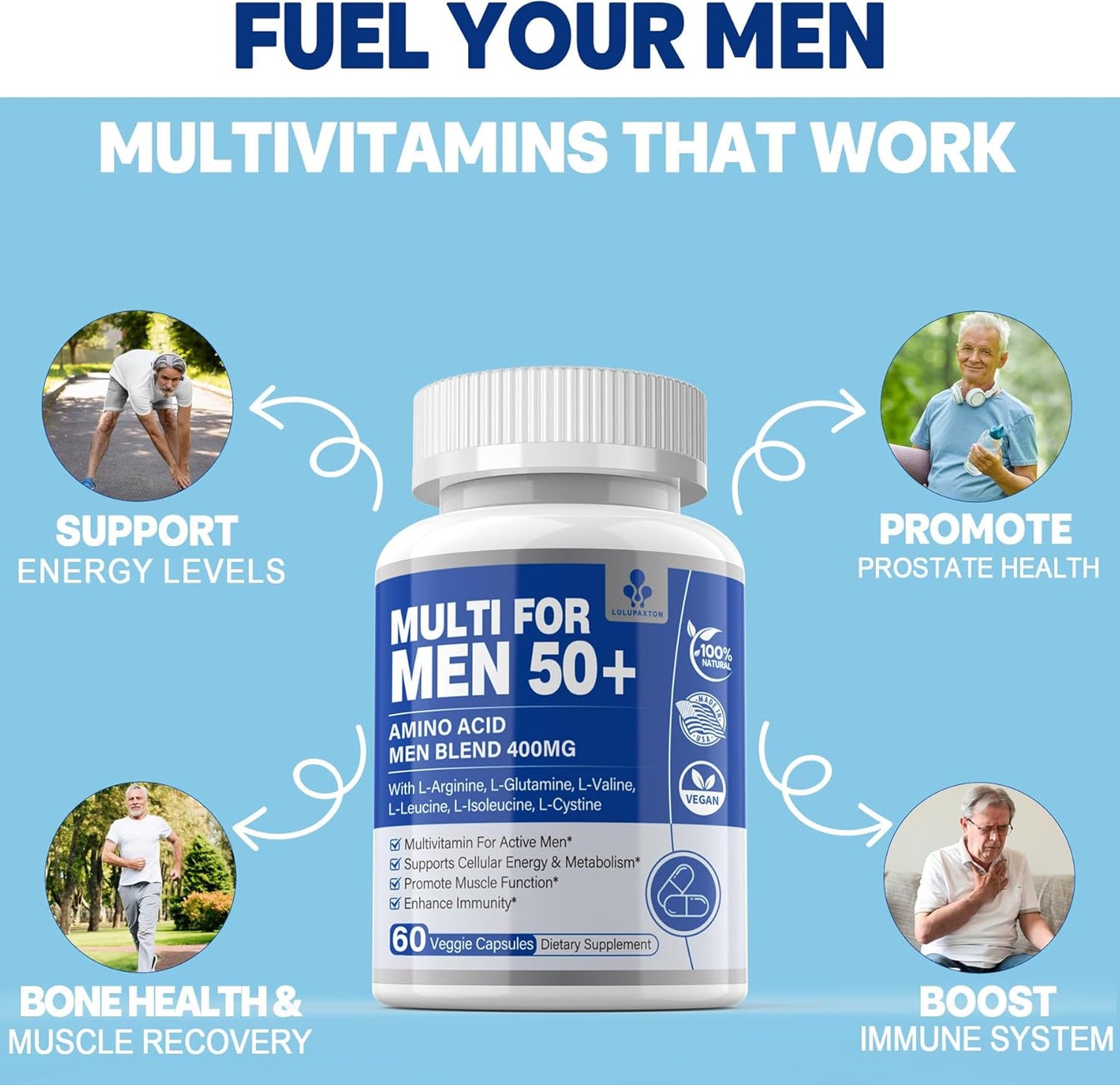 Men's Multivitamin 50 Plus with 23 Essential Vitamins & Minerals, Aminos Blend for Energy, Prostate, Bone & Muscle Strength, Immune Support - 60 Count