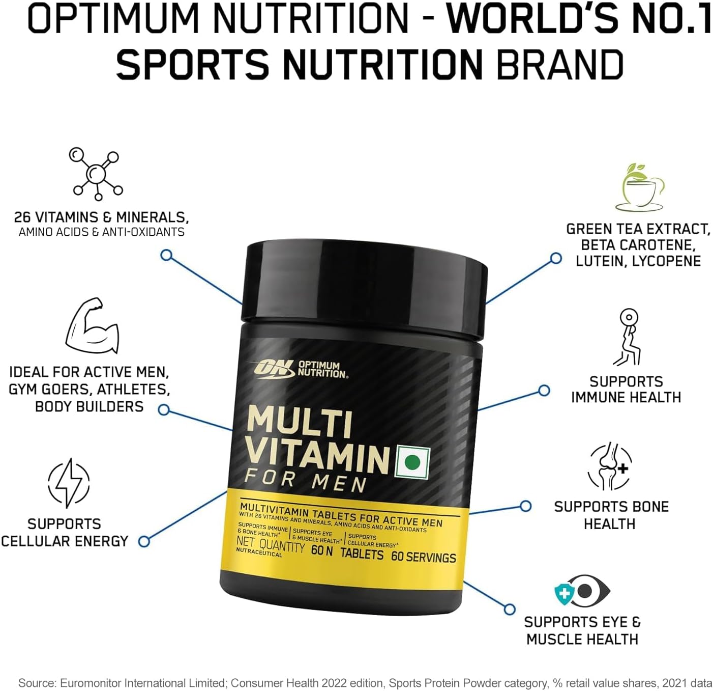 Men's Multivitamin Supplement - 60 Tablets with 26 Essential Vitamins, Minerals, Amino Acids, and Antioxidants - Vegetarian Formula with Green Tea Extract, Beta Carotene, Lutein, Lycopene