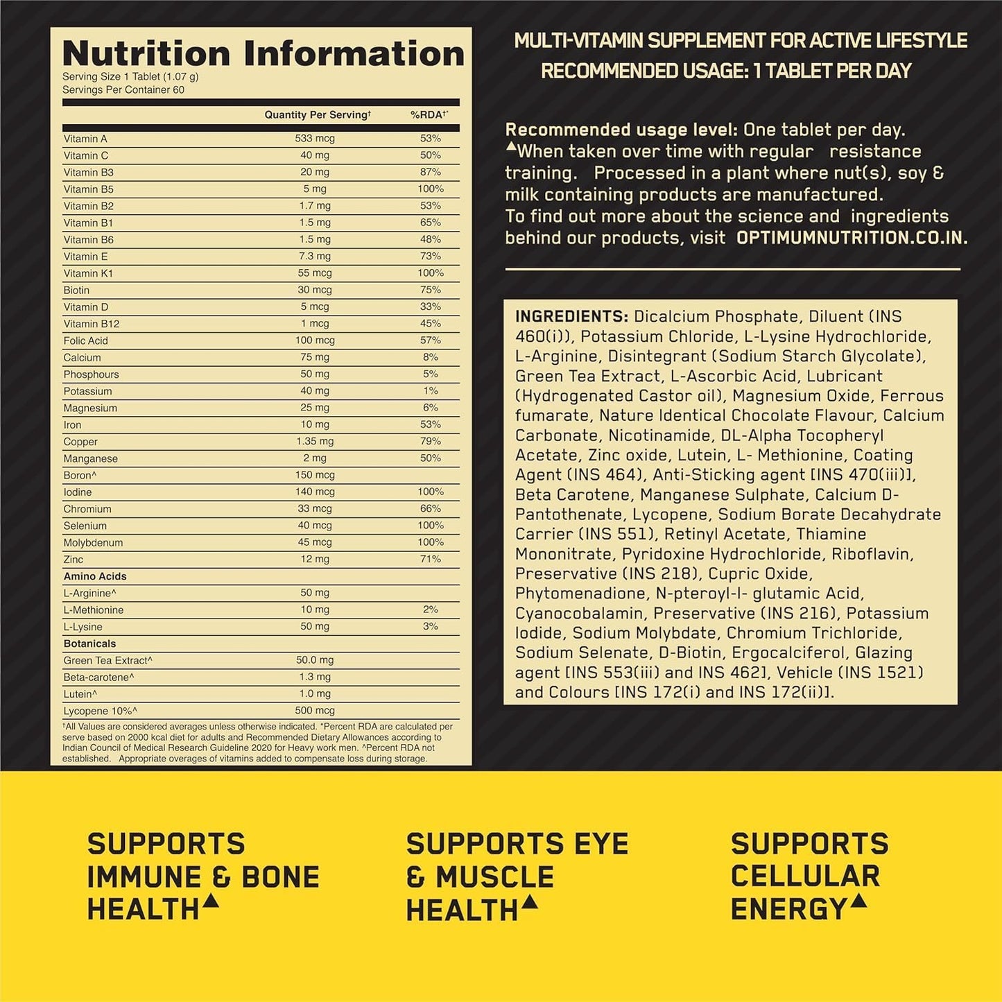 Men's Multivitamin Supplement - 60 Tablets with 26 Essential Vitamins, Minerals, Amino Acids, and Antioxidants - Vegetarian Formula with Green Tea Extract, Beta Carotene, Lutein, Lycopene