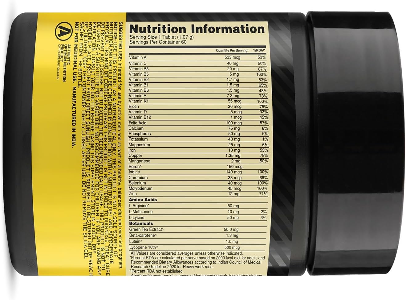 Men's Multivitamin Supplement - 60 Tablets with 26 Essential Vitamins, Minerals, Amino Acids, and Antioxidants - Vegetarian Formula with Green Tea Extract, Beta Carotene, Lutein, Lycopene