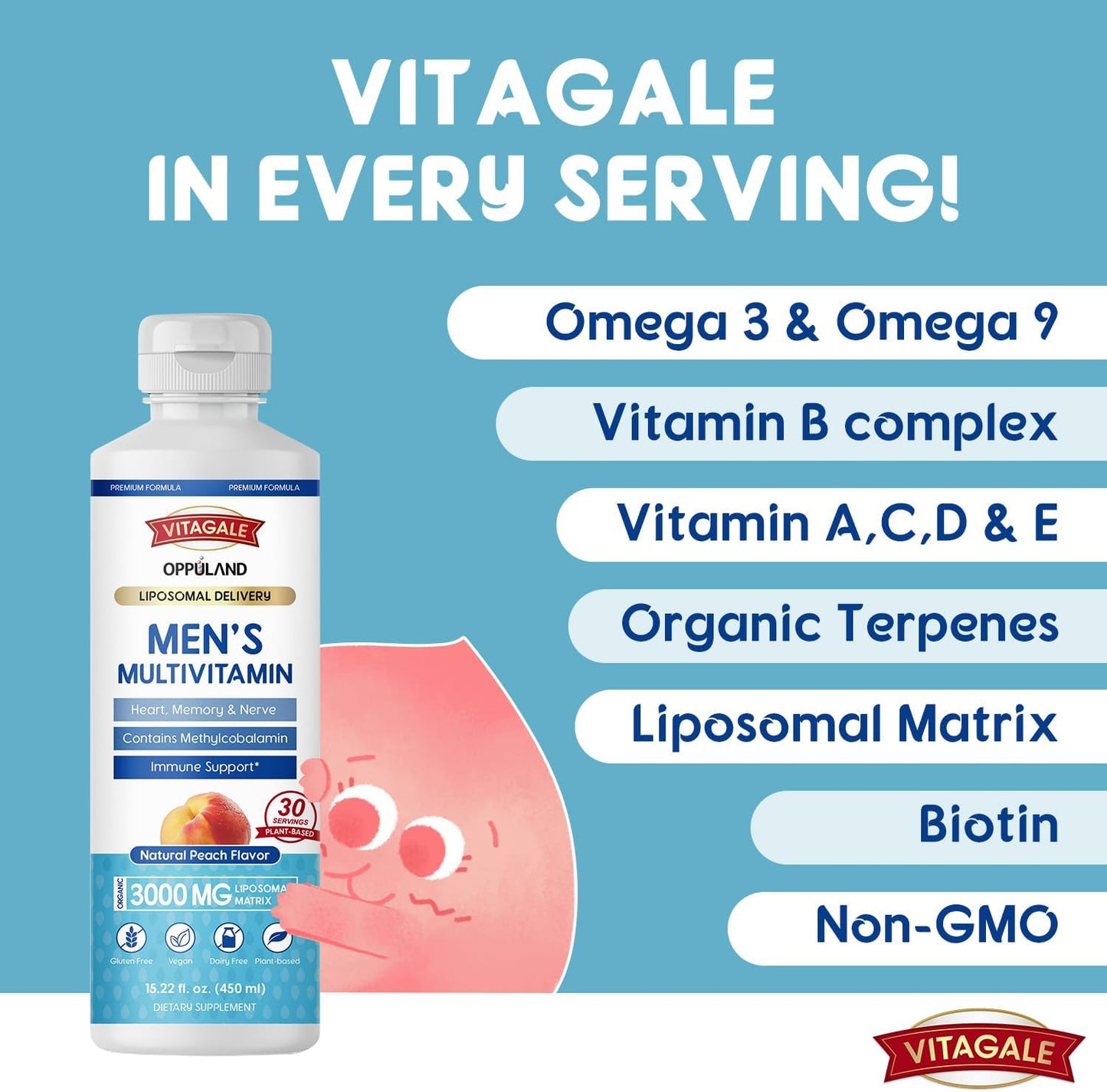 Men’s Multivitamin Supplement with Natural Peach Flavor - Supports Heart, Memory, Nervous System, Omega 3, Liposomal, Biotin - 450ML