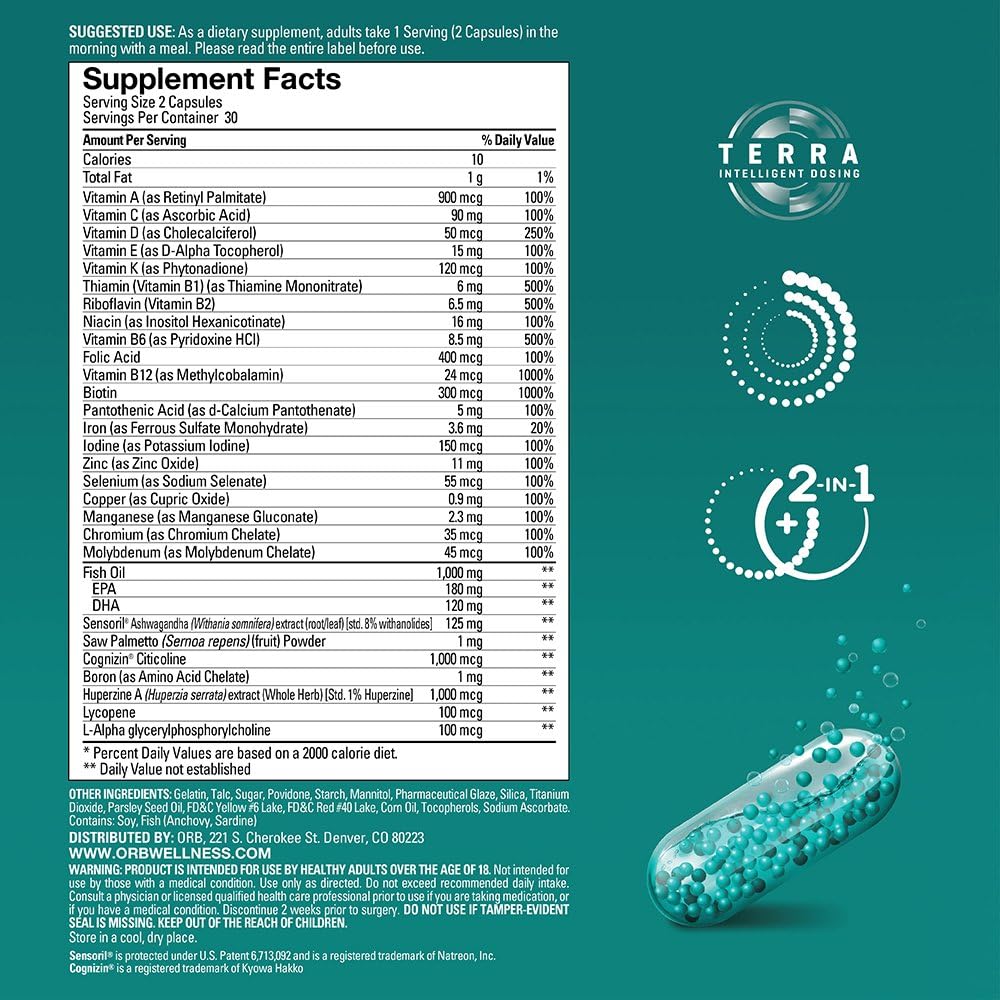 Men's Multivitamin with Fish Oil - Complete Support for Heart Health, Antioxidants, and Mood - 60 Capsules