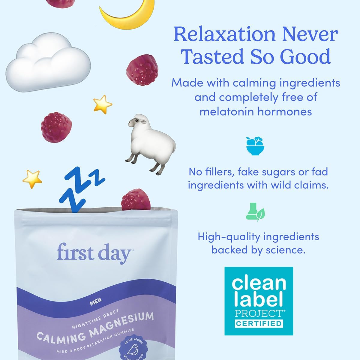 Men’s Nighttime Reset Calming Magnesium Gummies - Sleep Aid for Peaceful Rest & Balanced Mood - Supplement with Magnesium Citrate & L-Theanine - 60-Day Supply