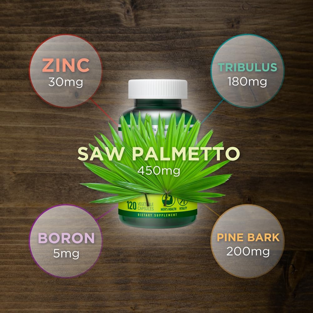 Men's Prostate Support Supplement - Saw Palmetto Complex with Zinc, Tribulus, Boron, Pine Bark - 120 Veg Caps - Urinary Health Boost