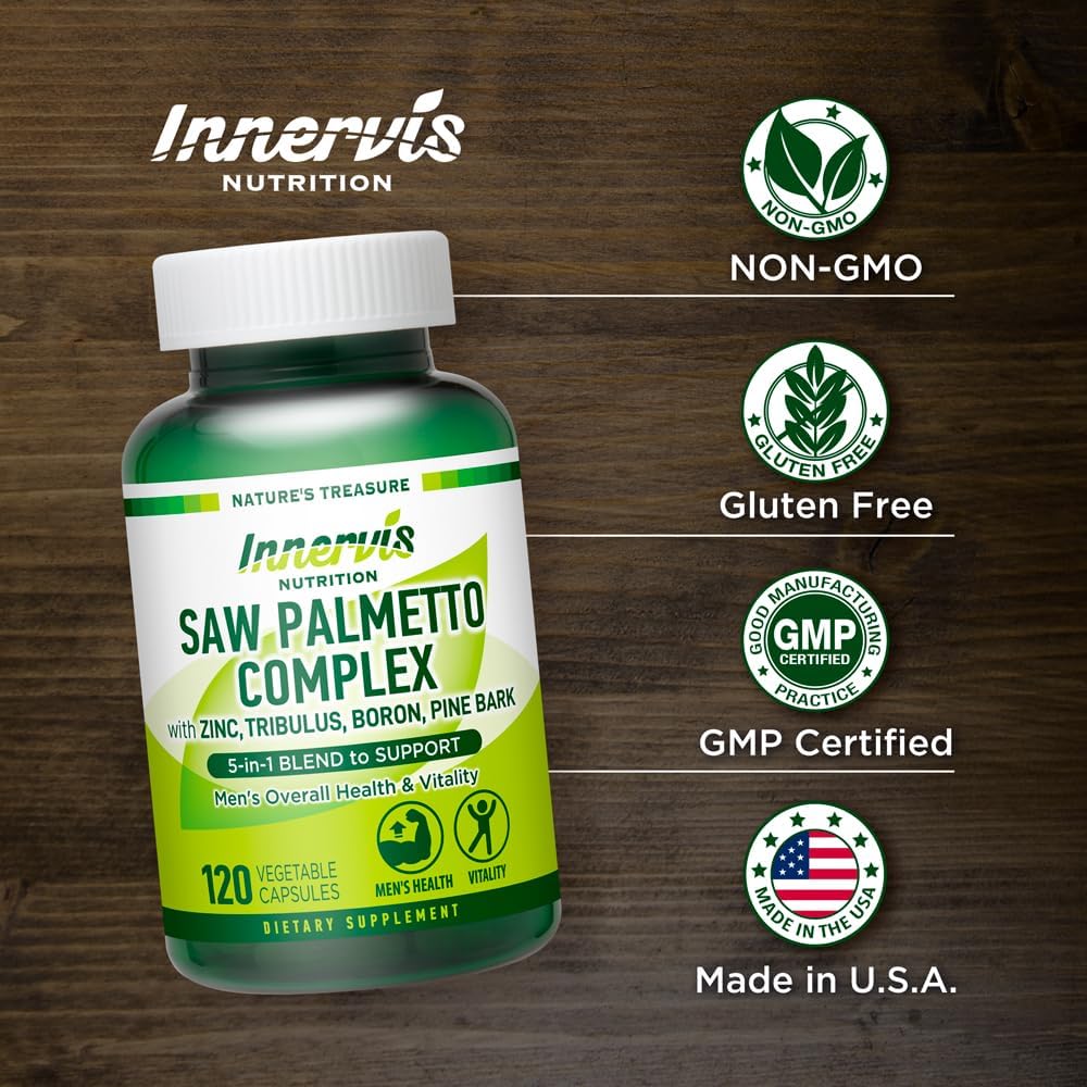 Men's Prostate Support Supplement - Saw Palmetto Complex with Zinc, Tribulus, Boron, Pine Bark - 120 Veg Caps - Urinary Health Boost