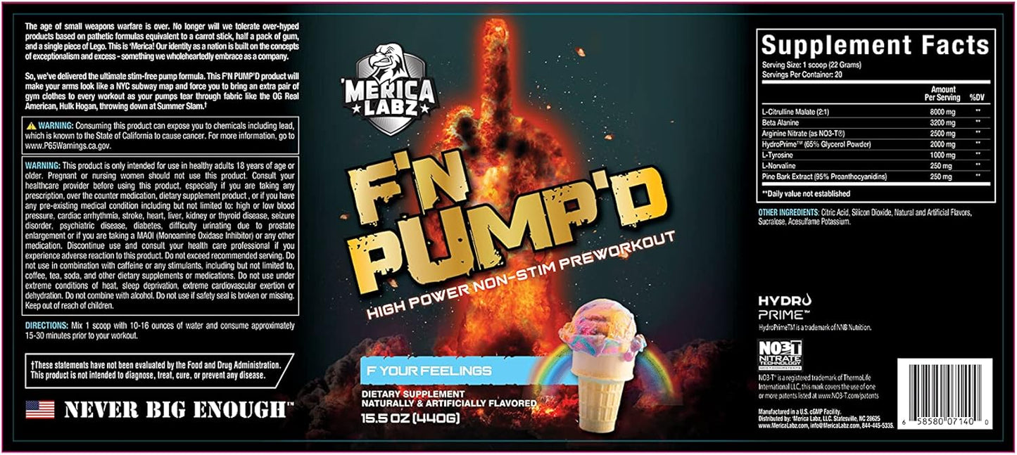 Merica Labz F'N Pump'D: Stimulant-Free Nitric Oxide PreWorkout Powder - Fully Dosed Pump Formula (20 Servings) - F Your Feelings