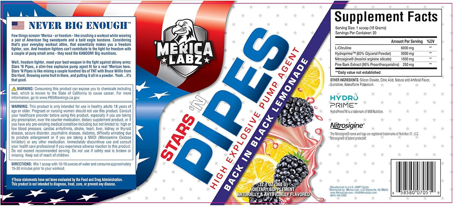 Merica Labz Stars 'N Pipes Pump Agent, Stimulant-Free, Back in Black Lemonade Flavor, 20 Servings, 6G L-Citrulline