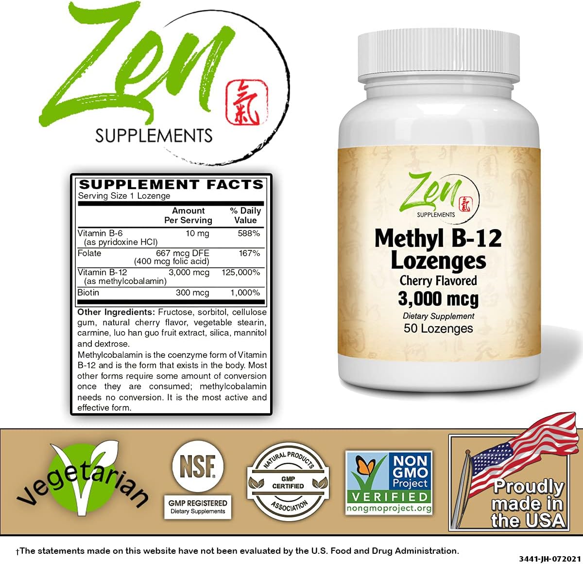 Methyl Vitamin B-12 Supplement with B6, Folate, Biotin for Cardiovascular Health, Immune System, Brain & Nerve Function - 50 Lozenges