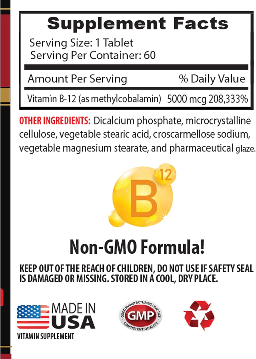 Methylcobalamin Vitamin B-12 5000 - Anti Aging Vitamins for Women Over 50 - Energy Supplements for Endurance - 60 Tablets