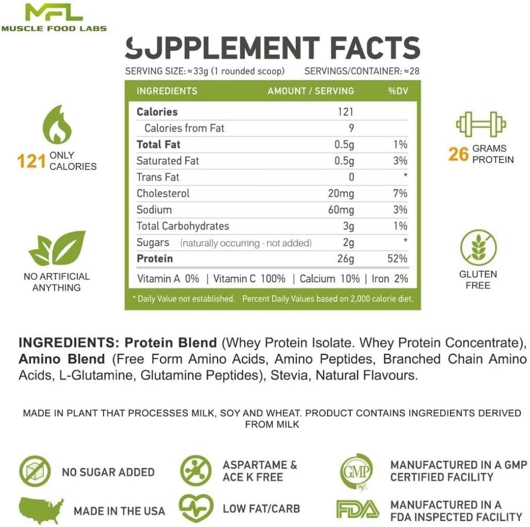 MFL Muscle Whey Protein: 28g Protein, 8g BCAAs, Keto Friendly, Low Carbs - Vanilla Bean 2 lbs
