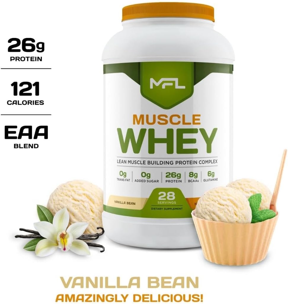 MFL Muscle Whey Protein: 28g Protein, 8g BCAAs, Keto Friendly, Low Carbs - Vanilla Bean 2 lbs