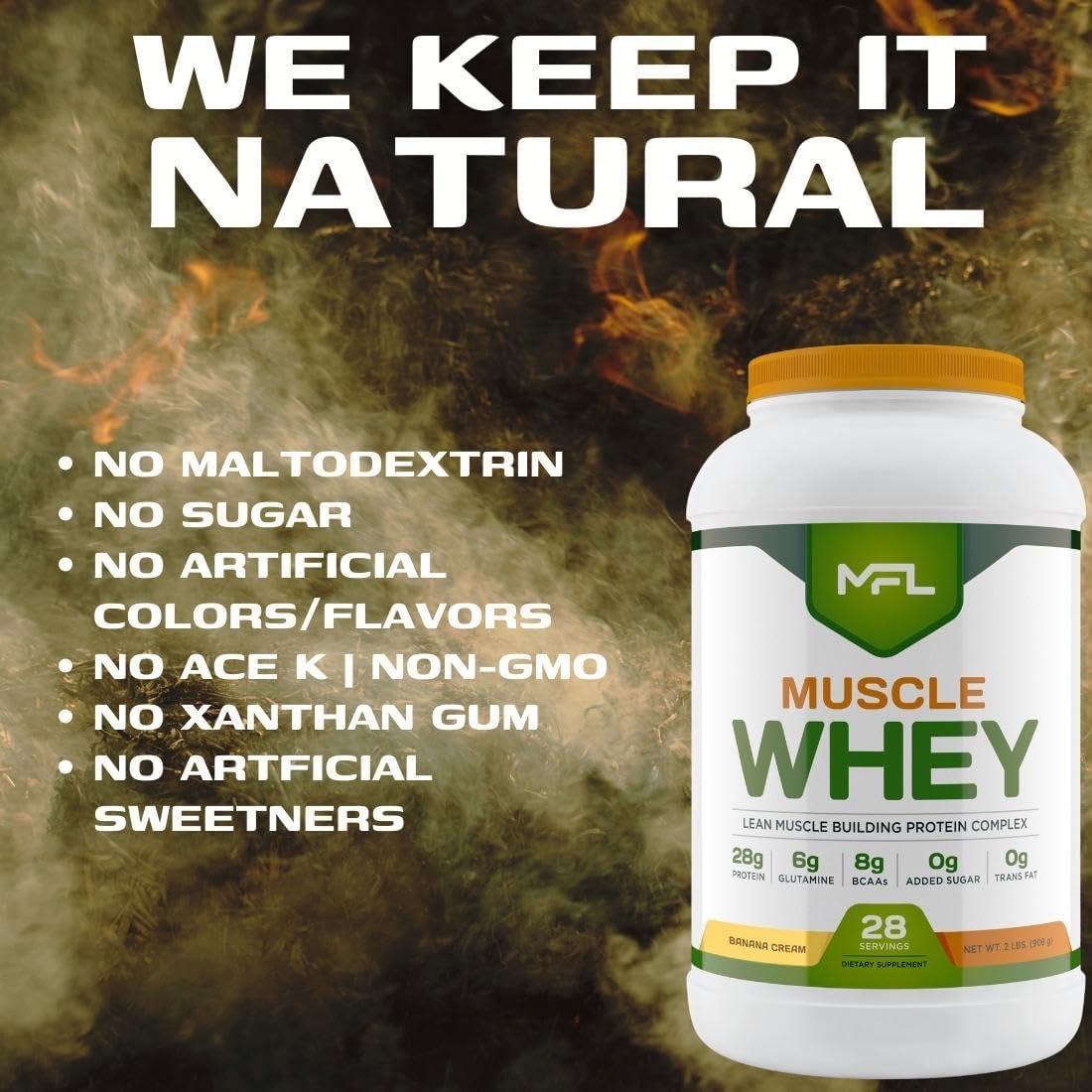 MFL Muscle Whey Protein: 28g Protein, 8g BCAAs, Keto Friendly, Low Carbs - Vanilla Bean 2 lbs