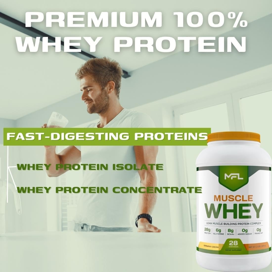 MFL Muscle Whey Protein: 28g Protein, 8g BCAAs, Keto Friendly, Low Carbs - Vanilla Bean 2 lbs
