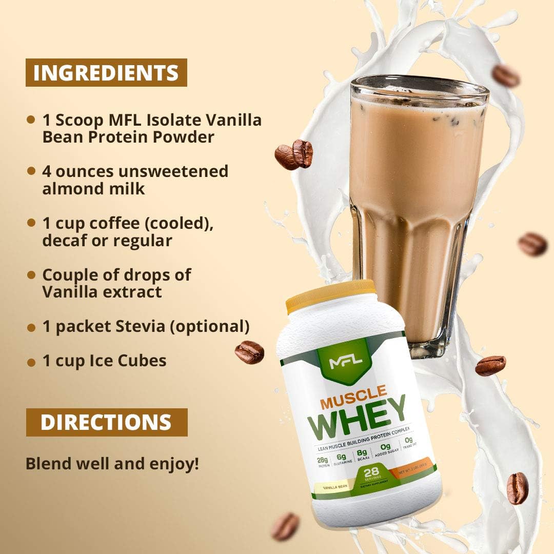 MFL Muscle Whey Protein: 28g Protein, 8g BCAAs, Keto Friendly, Low Carbs - Vanilla Bean 2 lbs