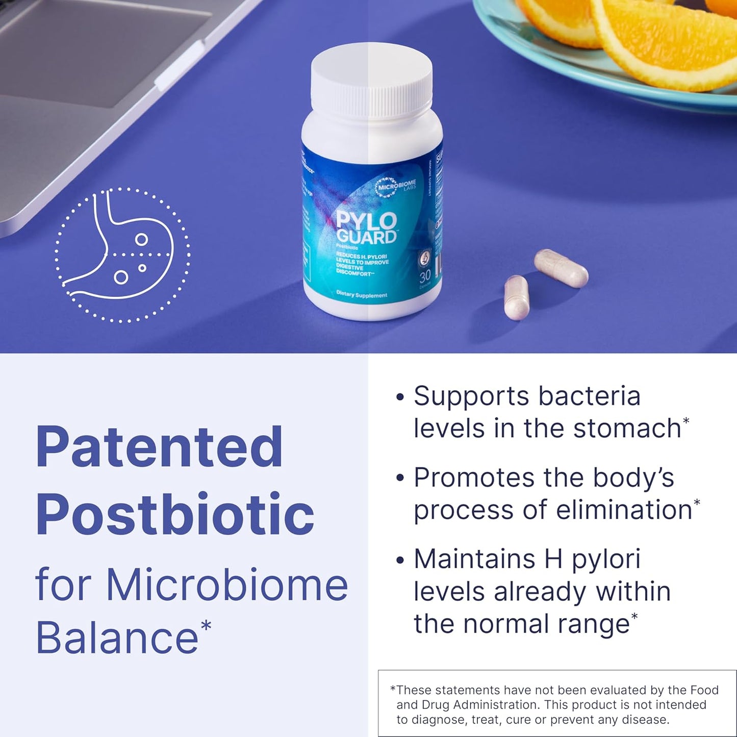 Microbiome Labs PyloGuard: Patented L. reuteri DSM17648 Digestive Comfort Supplement - Gut Health & Immune Support - Postbiotic (30 Caps)