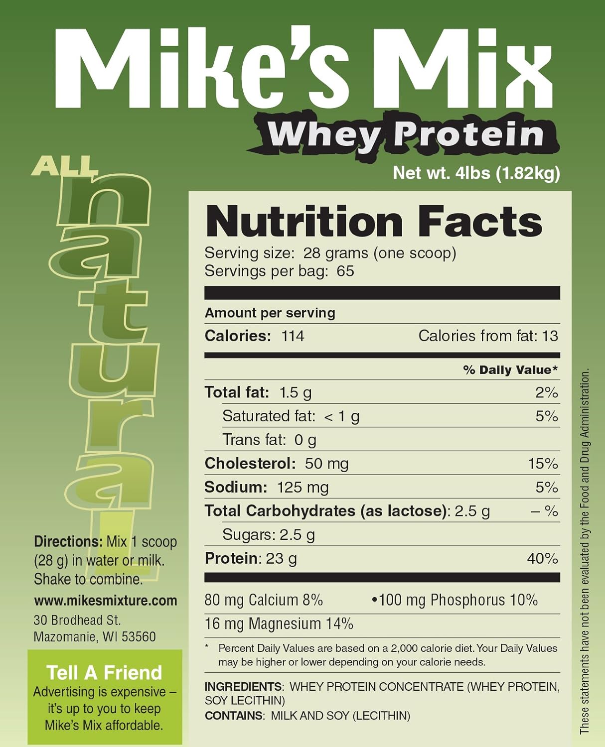 Mike's Mix Unflavored Whey Protein Concentrate - All-Natural 4 lbs