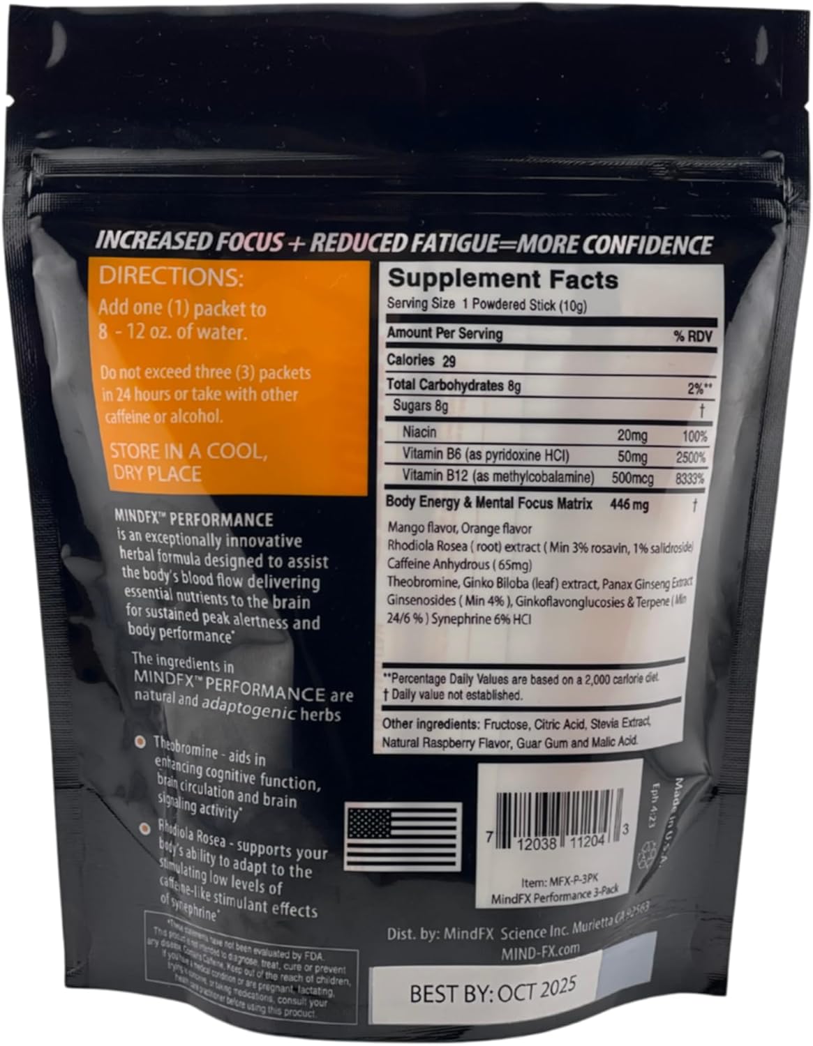 MindFX Energy Powder Drink Mix - Orange Mango Performance Blend with Natural Nootropics for Clean Energy and Enhanced Focus - 15 Sticks to Elevate Your Performance