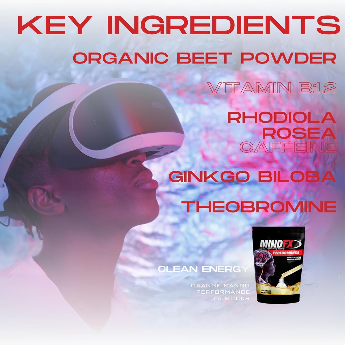 MindFX Energy Powder Drink Mix - Orange Mango Performance Blend with Natural Nootropics for Clean Energy and Enhanced Focus - 15 Sticks to Elevate Your Performance