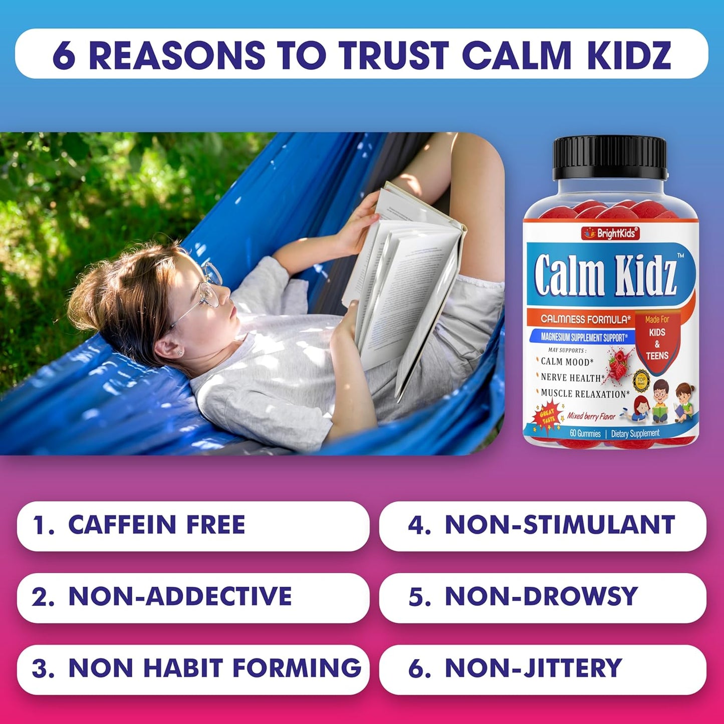 Mixed Berry Flavored Magnesium Calm Gummies for Kids, 60 Gummies, Supports Relaxation, Mood, Nerve Health & Muscle Relaxation