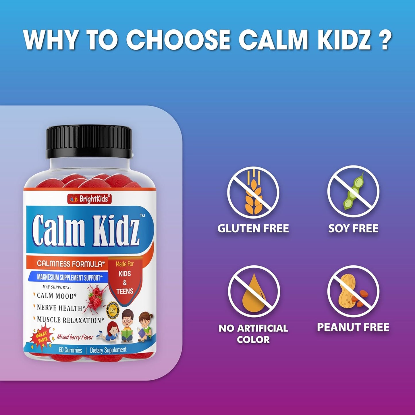 Mixed Berry Flavored Magnesium Calm Gummies for Kids, 60 Gummies, Supports Relaxation, Mood, Nerve Health & Muscle Relaxation