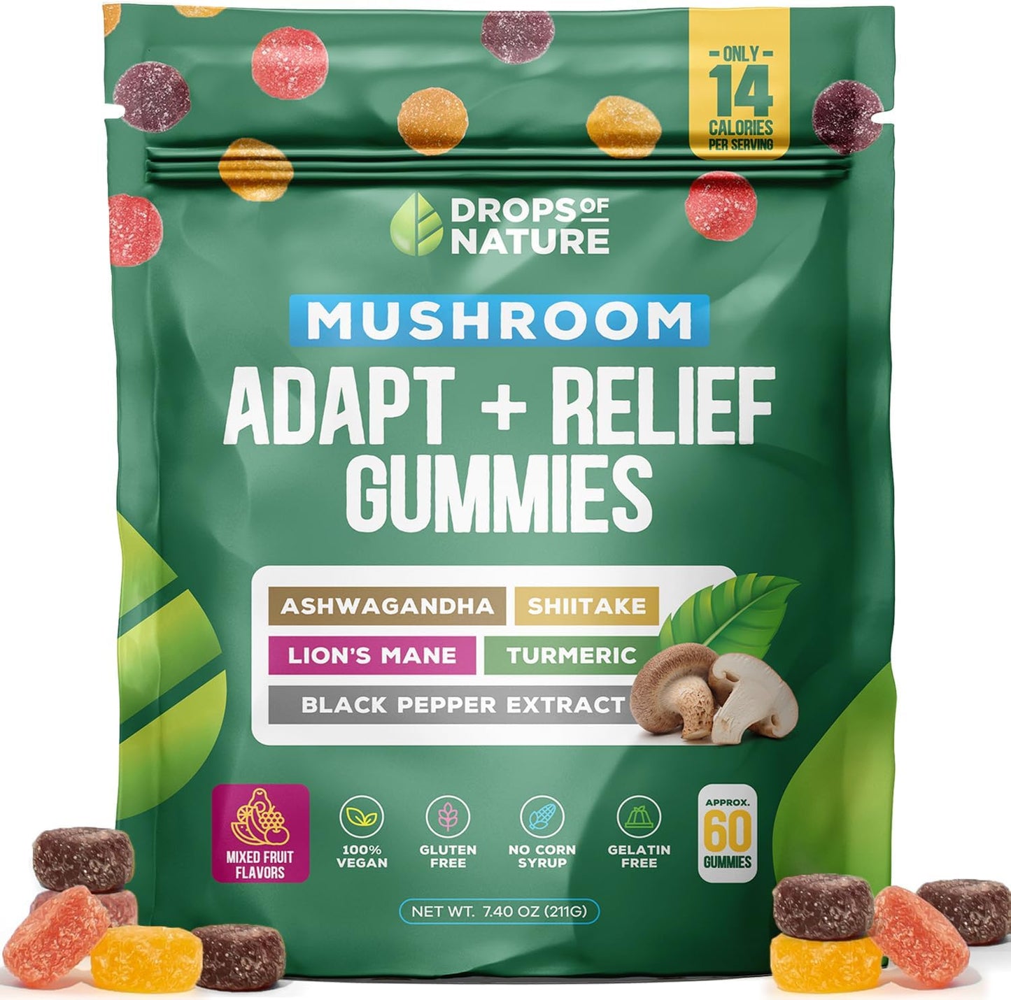 Mixed Fruits Ashwagandha & Turmeric Mushroom Gummies - Immunity & Digestion Support Vegan Supplements with Shiitake Mushroom, Turmeric Curcumin, Black Pepper, and Vitamin C Boost (60 Gummies)