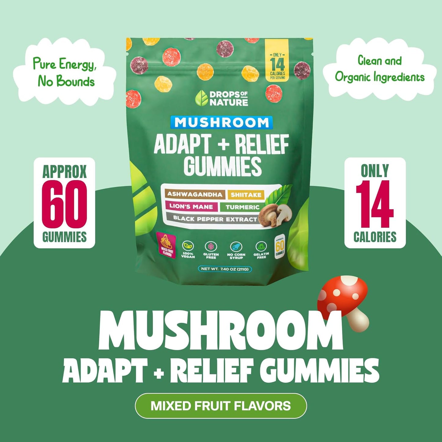 Mixed Fruits Ashwagandha & Turmeric Mushroom Gummies - Immunity & Digestion Support Vegan Supplements with Shiitake Mushroom, Turmeric Curcumin, Black Pepper, and Vitamin C Boost (60 Gummies)