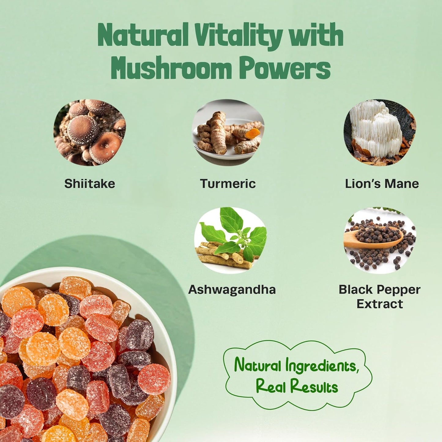 Mixed Fruits Ashwagandha & Turmeric Mushroom Gummies - Immunity & Digestion Support Vegan Supplements with Shiitake Mushroom, Turmeric Curcumin, Black Pepper, and Vitamin C Boost (60 Gummies)