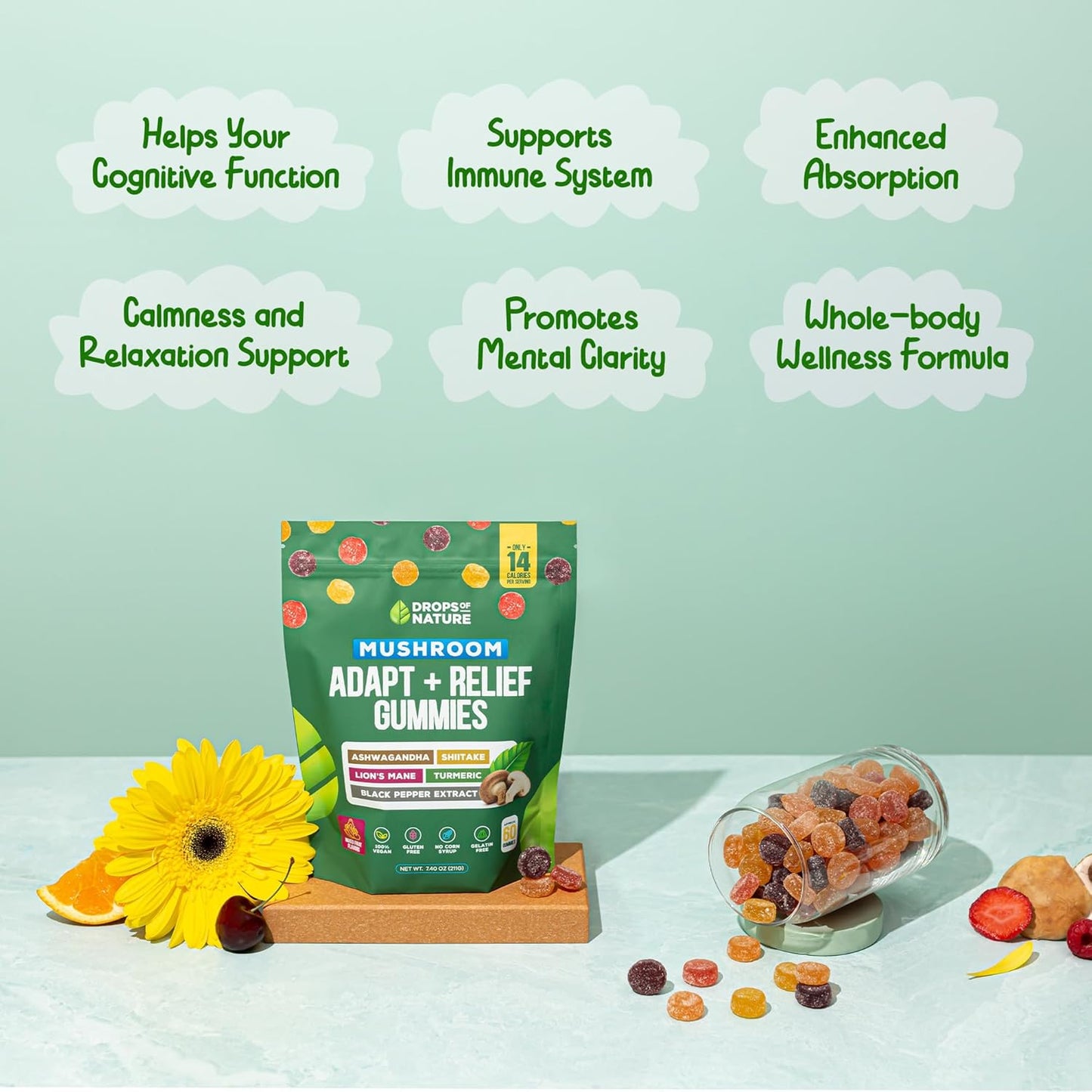 Mixed Fruits Ashwagandha & Turmeric Mushroom Gummies - Immunity & Digestion Support Vegan Supplements with Shiitake Mushroom, Turmeric Curcumin, Black Pepper, and Vitamin C Boost (60 Gummies)