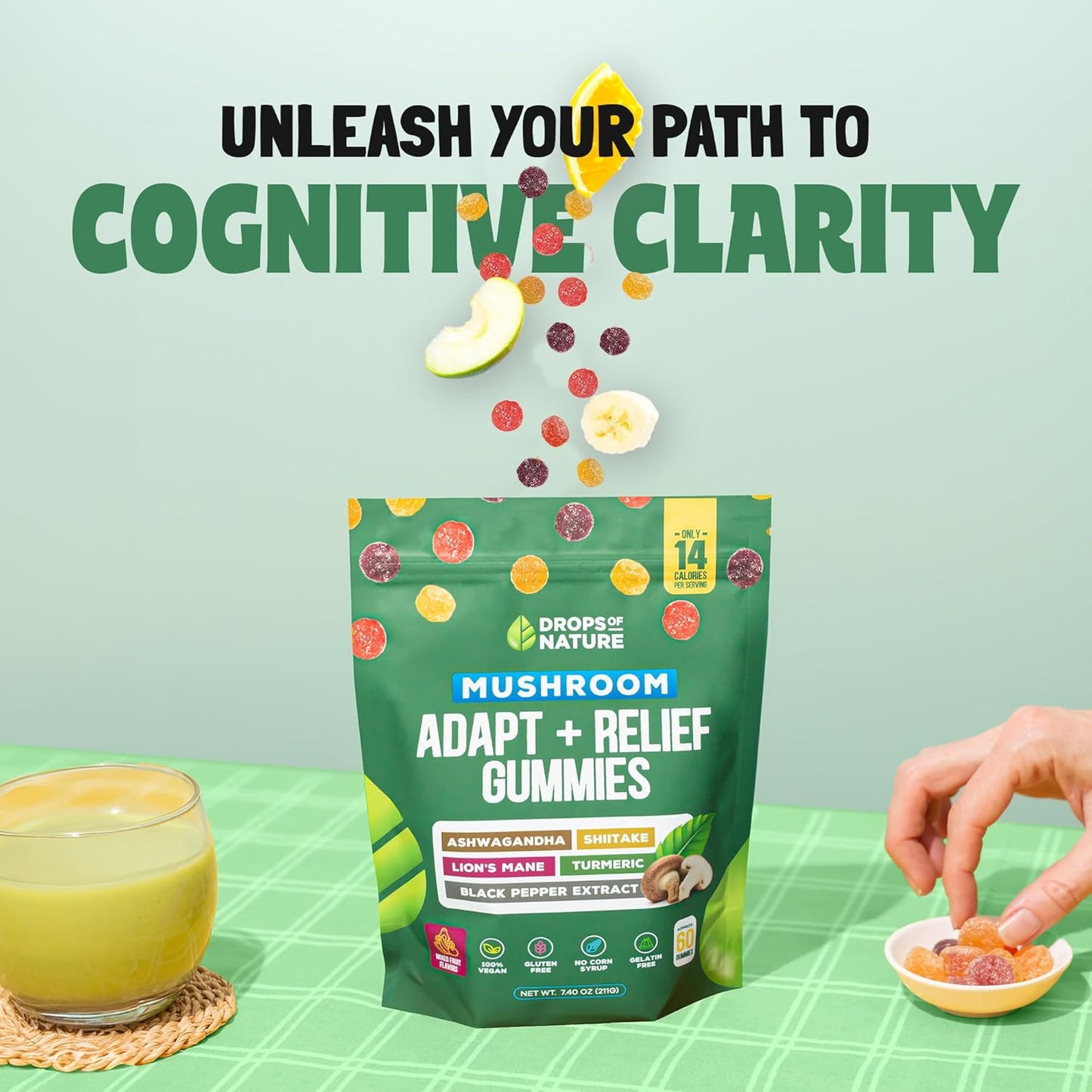 Mixed Fruits Ashwagandha & Turmeric Mushroom Gummies - Immunity & Digestion Support Vegan Supplements with Shiitake Mushroom, Turmeric Curcumin, Black Pepper, and Vitamin C Boost (60 Gummies)