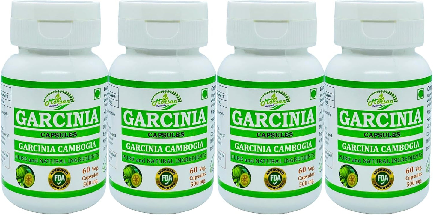 Morsan Nutraveda Herbal Garcinia Cambogia Extract Capsules - 100% Natural & Pure, High Potency (60 x 500mg Capsules, Pack of 4 Jars)